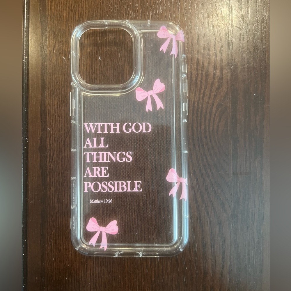 iPhone 15 ProMax Clear Phone Case with Pink Bows and Scripture Quote